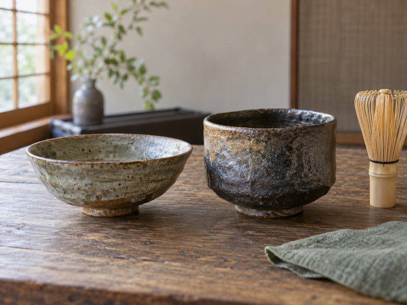 Traditional Matcha Bowl: Two traditional chawan bowls side by side, one broad and shallow and one taller and deeper, bamboo whisk nearby