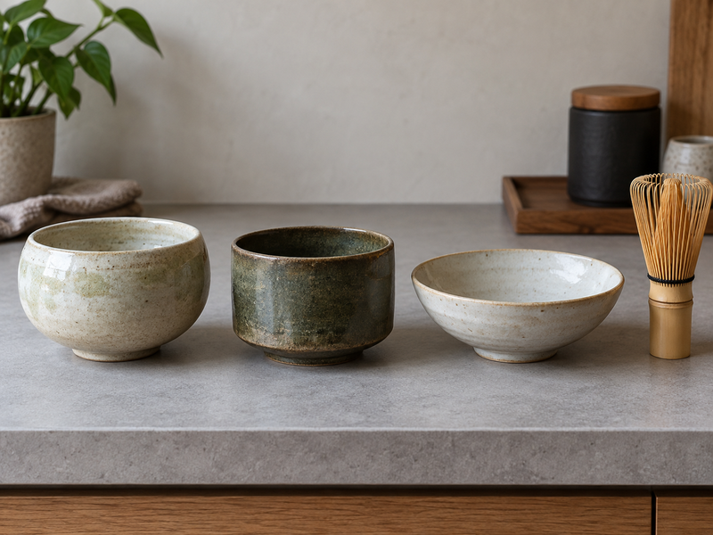 Traditional Matcha Bowl: Three ceramic matcha bowls compared on a tabletop