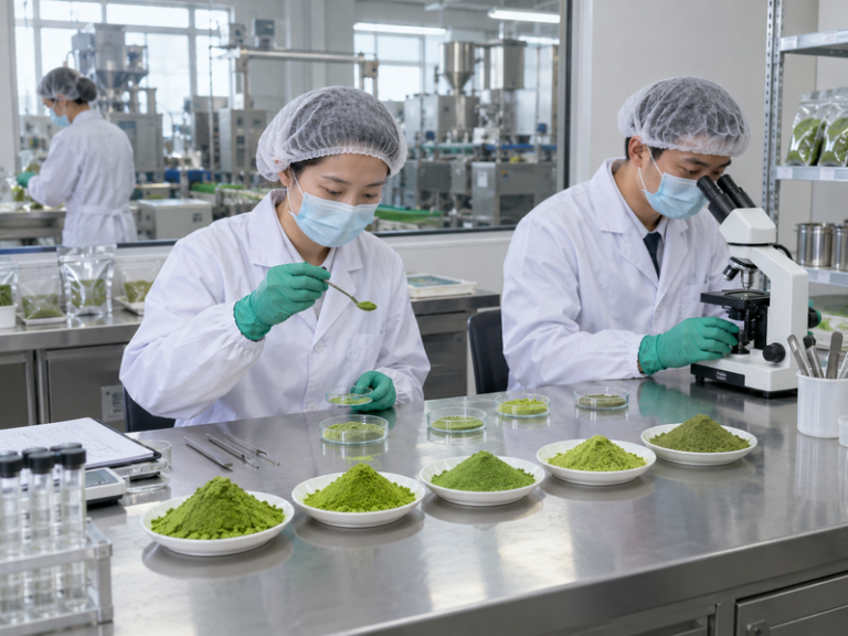 Technicians comparing matcha powder samples in a quality laboratory