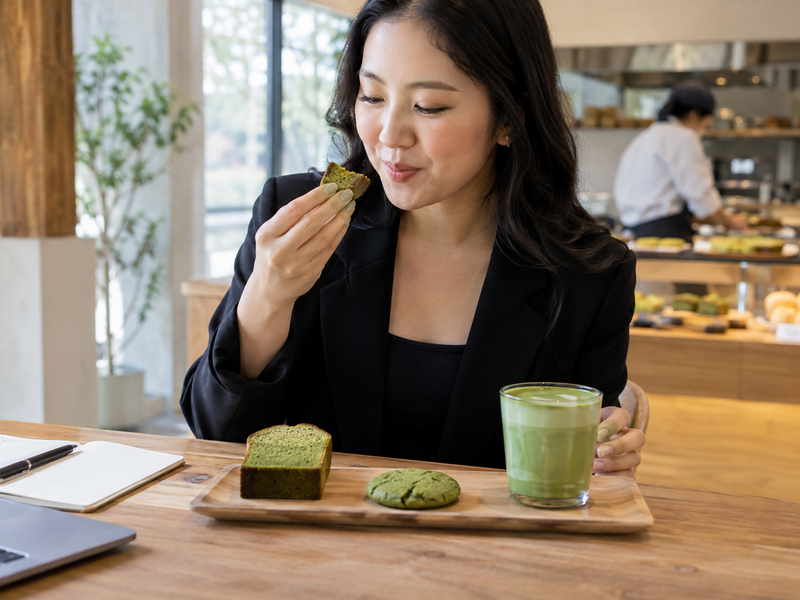 A buyer tastes matching portions of three matcha snack formats