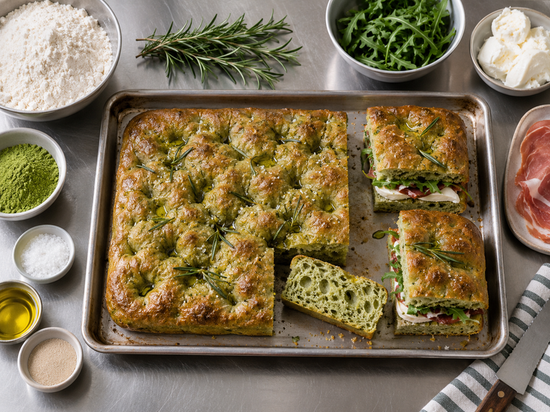 Matcha focaccia squares used for a café sandwich and shared plate