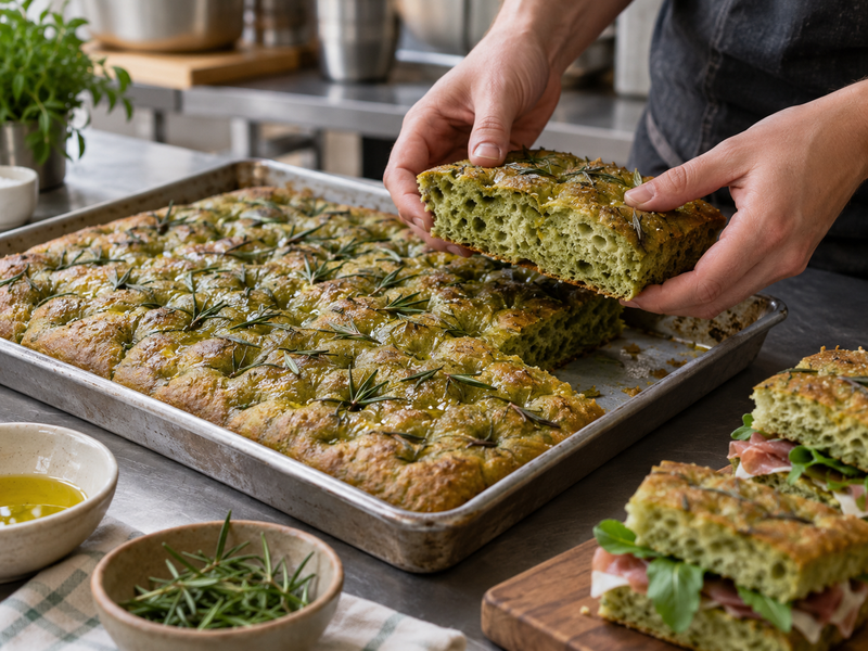 Three matcha dose trials showing focaccia crumb and surface color