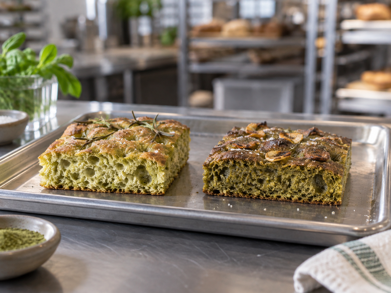 Matcha focaccia dough in a marked pan showing proof height
