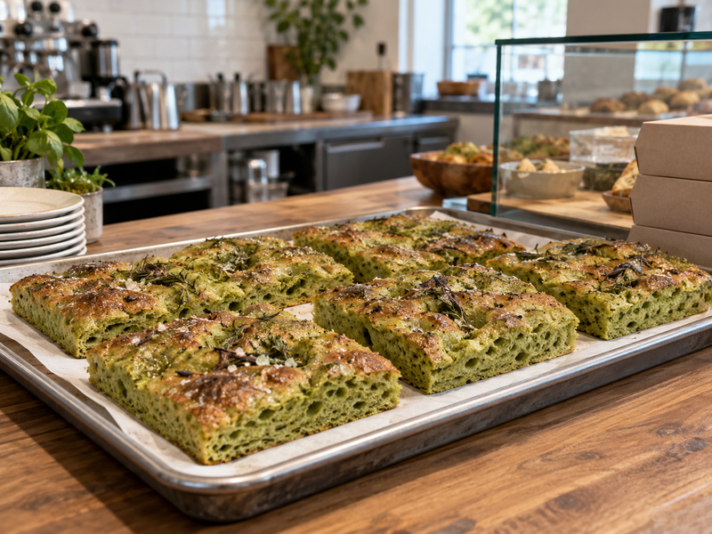 Baker inspecting the underside and crumb of baked matcha focaccia