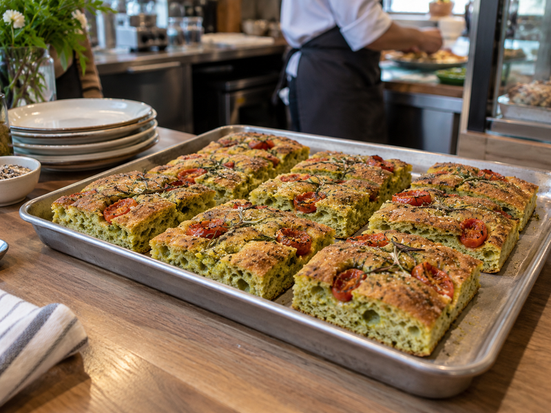 Portion grid and yield record beside matcha focaccia squares