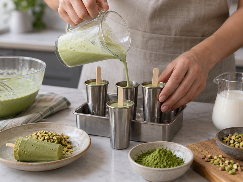 Sifted matcha being dispersed into a measured portion of cooled reduced milk