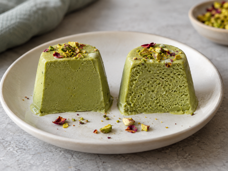 Blind-coded matcha kulfi sweetness and density trials on a tasting tray