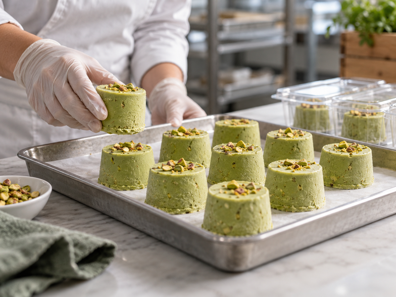 Freezer tray of labeled matcha kulfi molds and a clean unmolding station