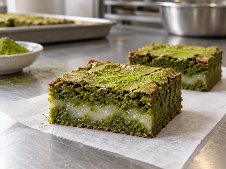 Matcha mochi brownie square cut open to show green crumb and chewy center