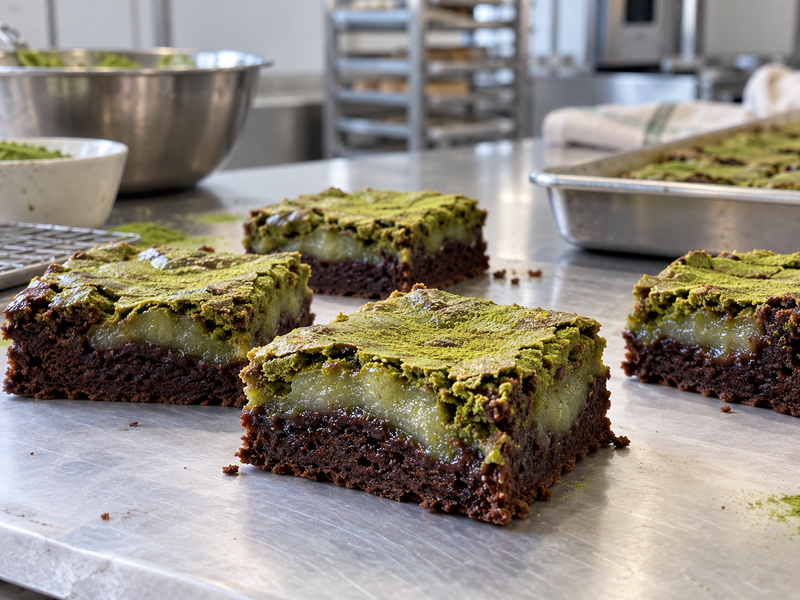 Placeholder: matcha mochi brownie cut sections on a commercial bakery bench