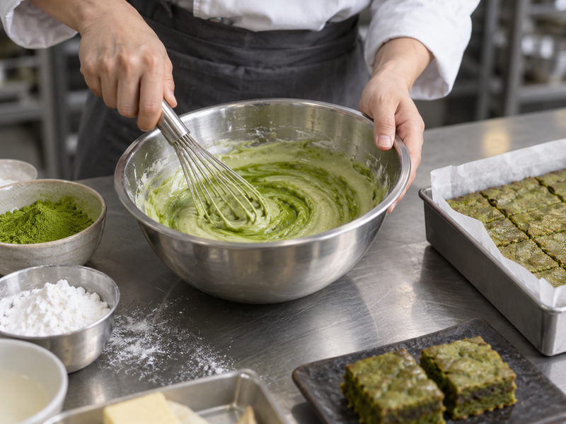 Placeholder: matcha dispersed into mochi layer mixture on a commercial bakery bench