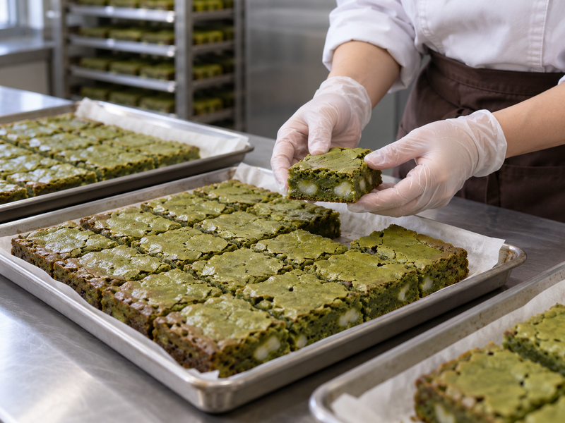 Placeholder: matcha mochi brownie trays and portion checks in a commercial bakery