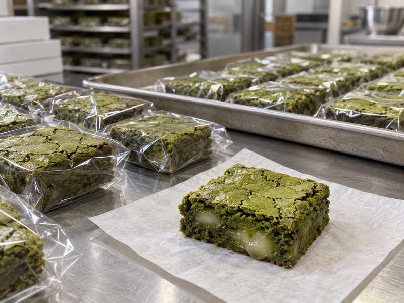 Placeholder: wrapped matcha mochi brownie portions evaluated on a packing line