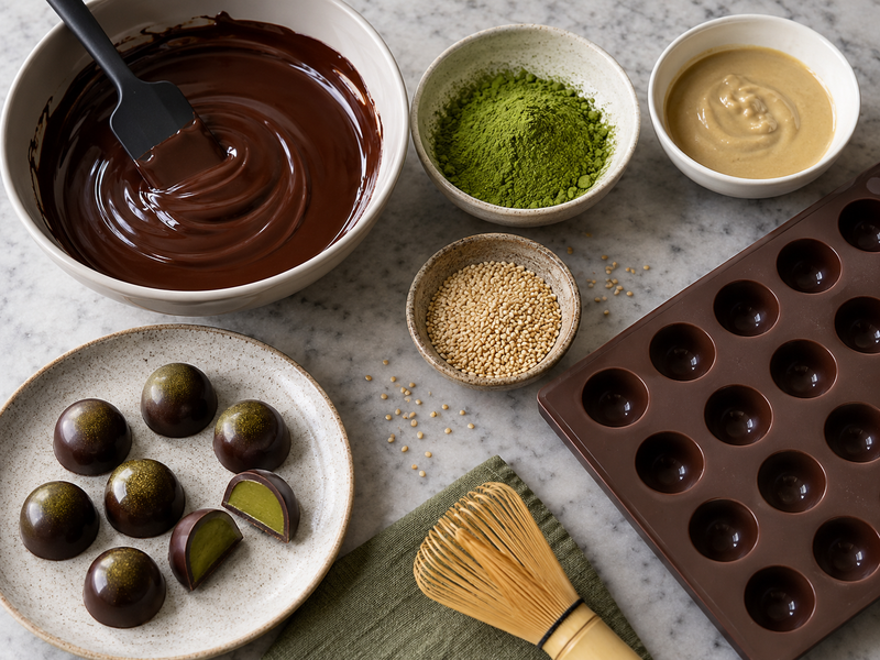 Cut matcha praline revealing a clean green ganache center inside a thin chocolate shell