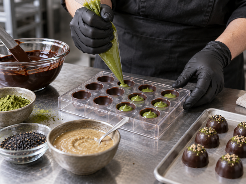 Confectioner dispersing measured matcha powder into a small ganache base before emulsifying