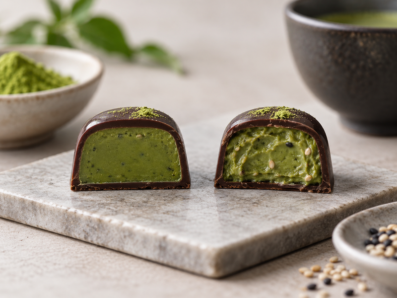 Rows of unfilled tempered chocolate shells in clean molds beside a simple temper test