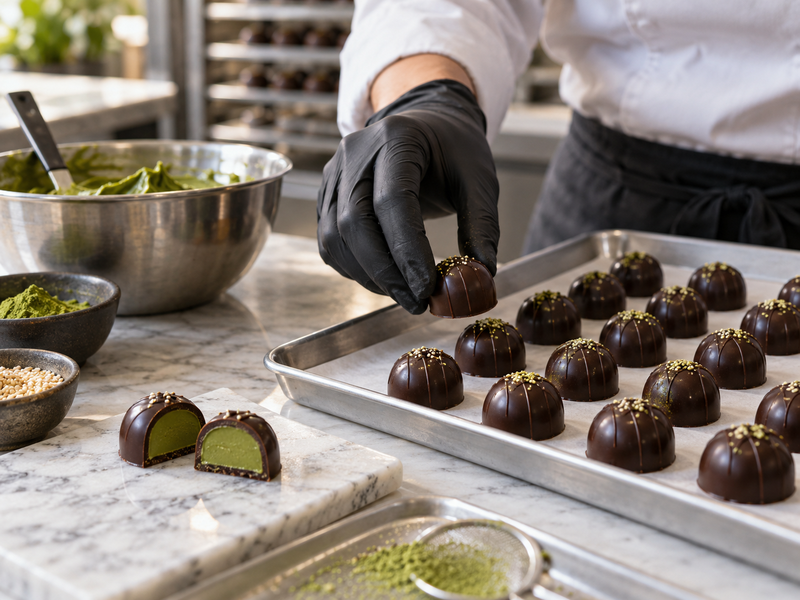 Unbranded boxes of matcha pralines and coded retained samples being inspected for appearance