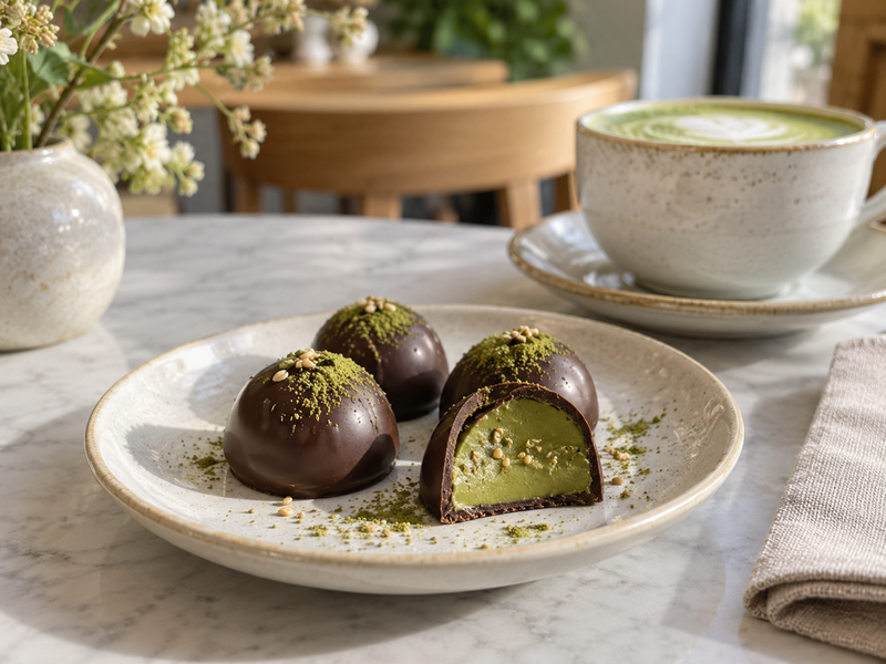 Confectionery buyer reviewing yield and cost sheet beside neatly packed matcha pralines