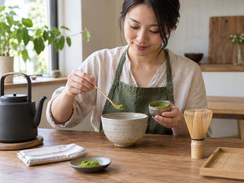 Matcha Starter Kit Guide: A beginner making the first bowl of matcha using a simple starter set, with scoop, whisk, bowl and clear step sequence implied by arrangement
