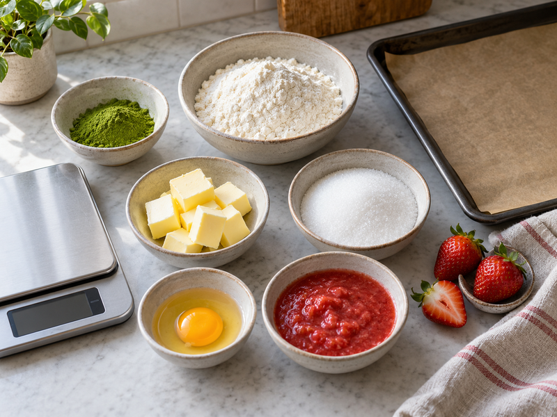 Measured cookie ingredients and equipment on a bakery counter