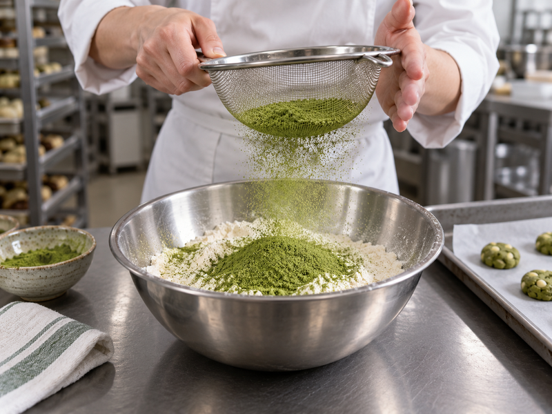 Baker sifting matcha into cookie dry ingredients