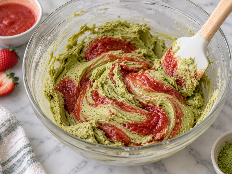 Strawberry mixture gently swirled into green cookie dough