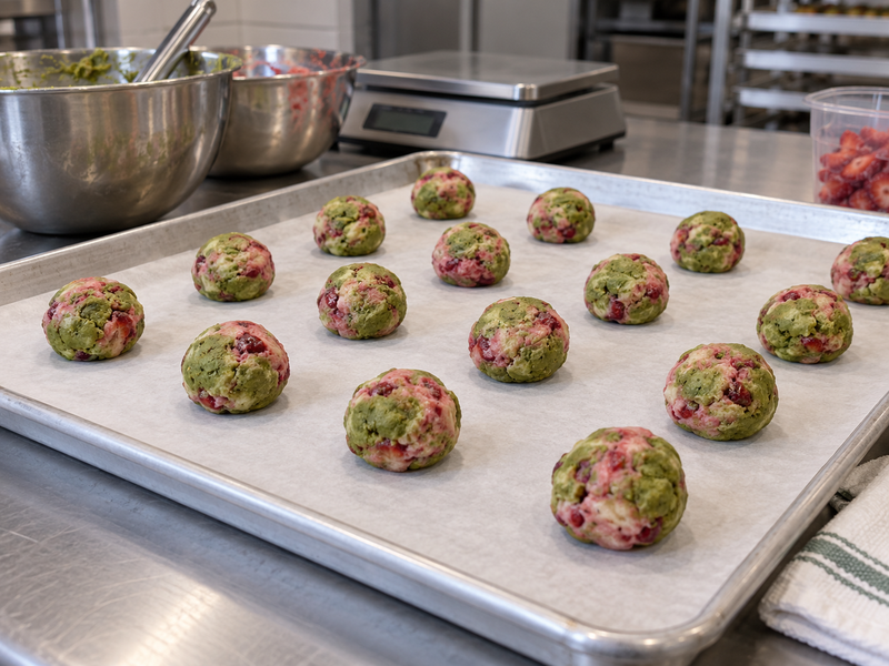 Evenly portioned matcha strawberry cookie dough on a sheet pan