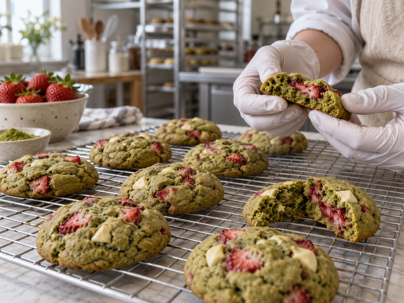 Finished matcha strawberry cookies inspected on a cooling rack