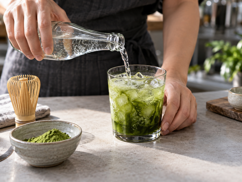 A barista weighs matcha for a concentrated tonic drink base