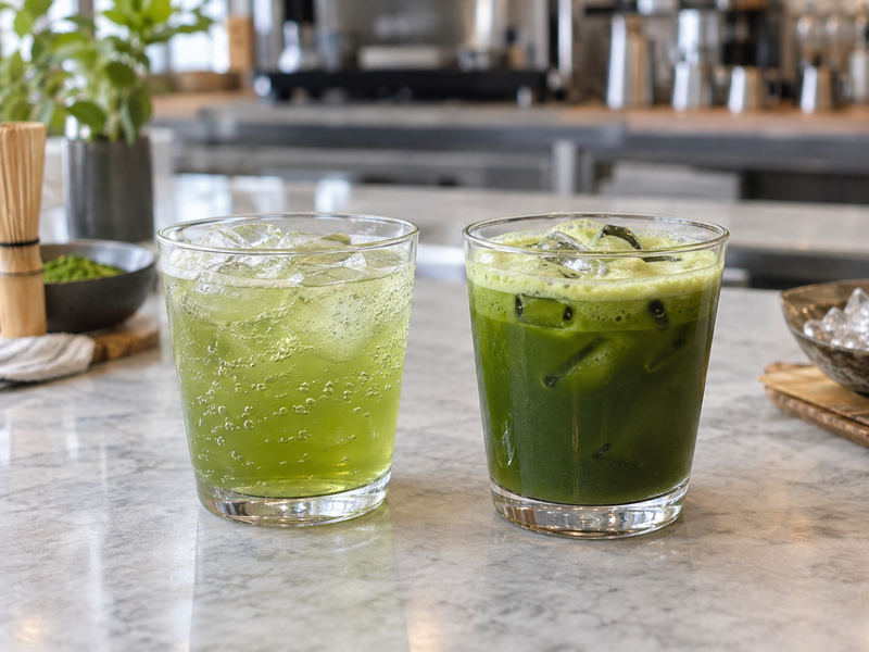 Matcha base is poured slowly over tonic and ice in a service glass