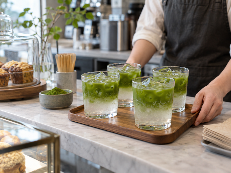 Citrus garnish options are tested beside a plain matcha tonic