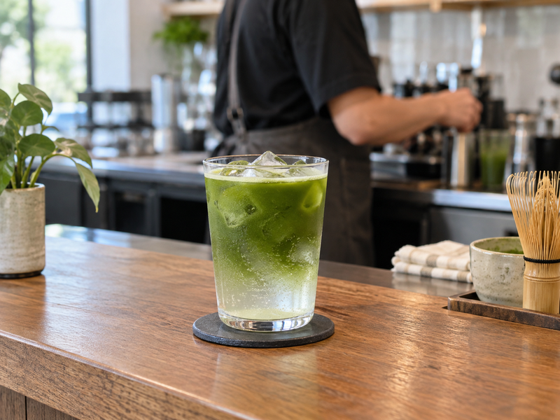 A café manager costs a matcha tonic cup with an opened tonic bottle