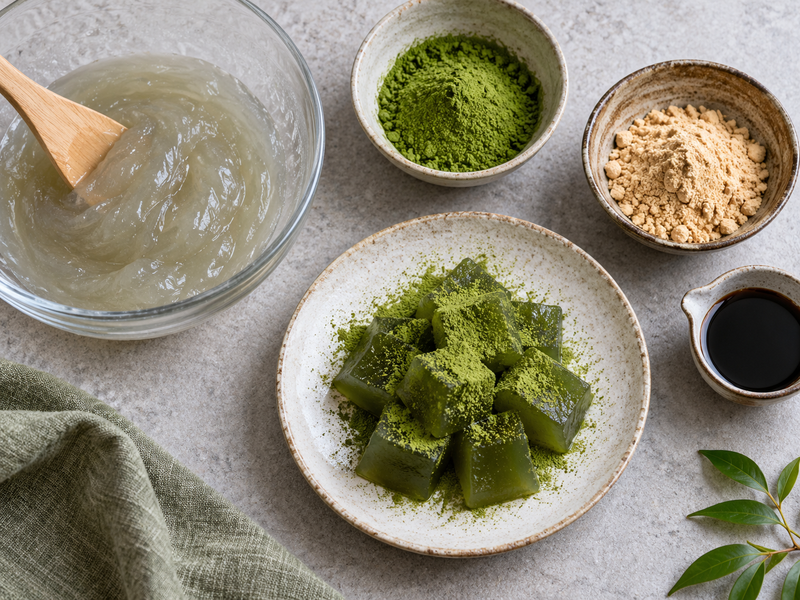 Chilled matcha warabi mochi pieces with even matcha kinako coating in a café bowl