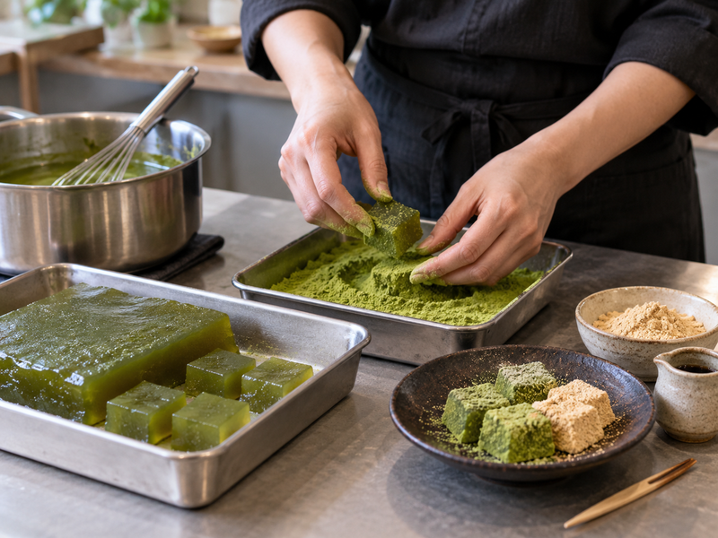 Café cook checking the lift and cut texture of matcha warabi mochi gel with a spoon