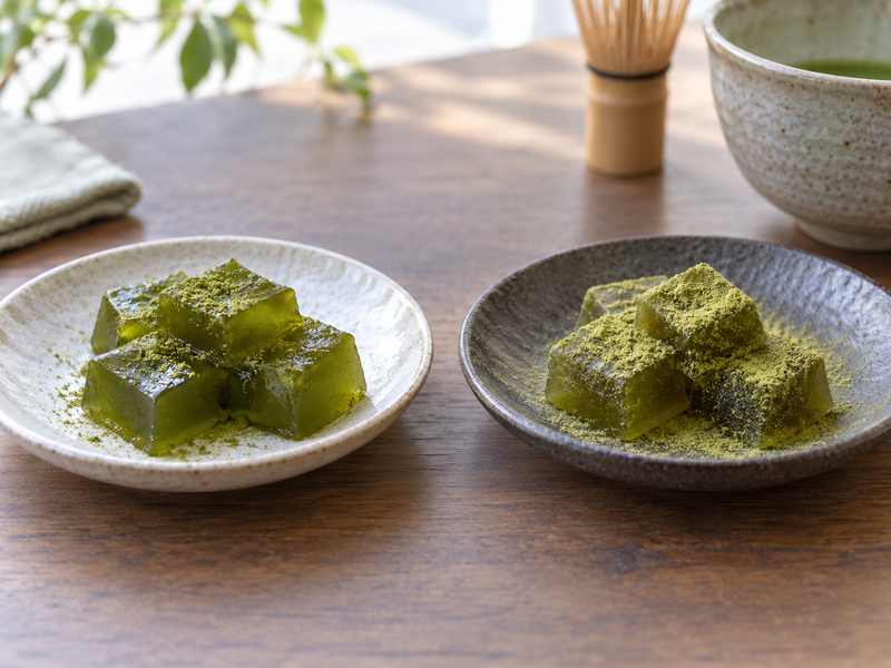 Cook stirring glossy matcha starch gel before measured portioning into café servings