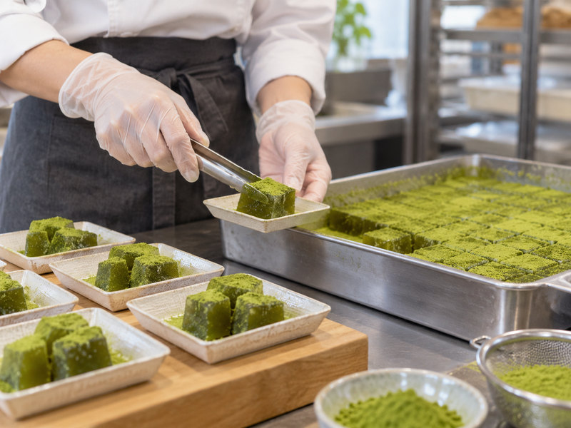 Two chilled matcha warabi mochi service portions prepared for counter and takeaway comparison