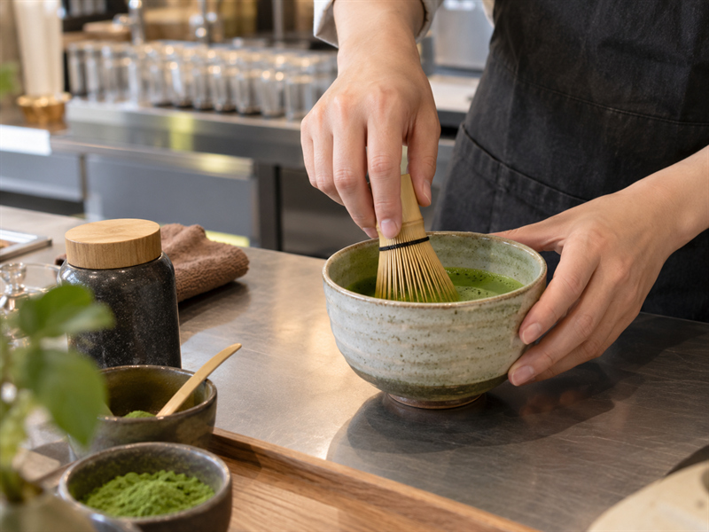 Matcha Whisk Holder: Café staff whisking matcha in a bowl