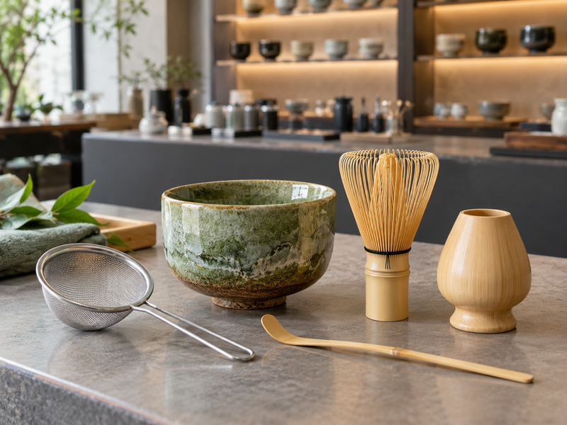 Matcha Whisk Holder: Matcha bowl, whisk and holder arranged together