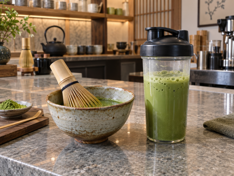 Bamboo whisk and clear shaker for mixing matcha