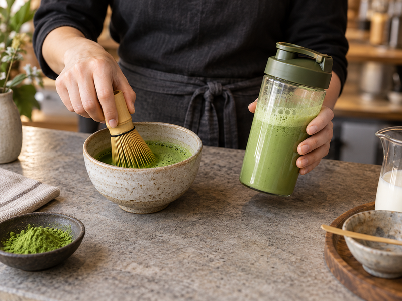 Barista comparing a bamboo chasen and clear shaker bottle
