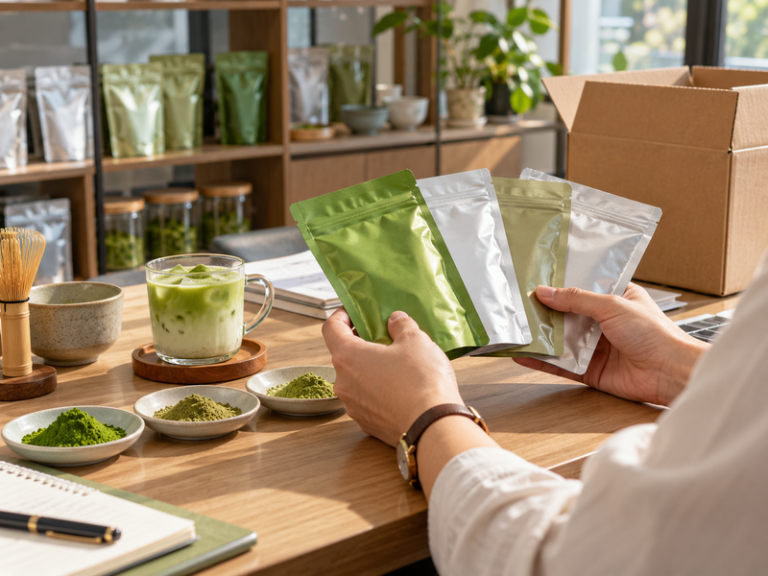 Buyer comparing sealed matcha sample pouches for an overseas café supply project