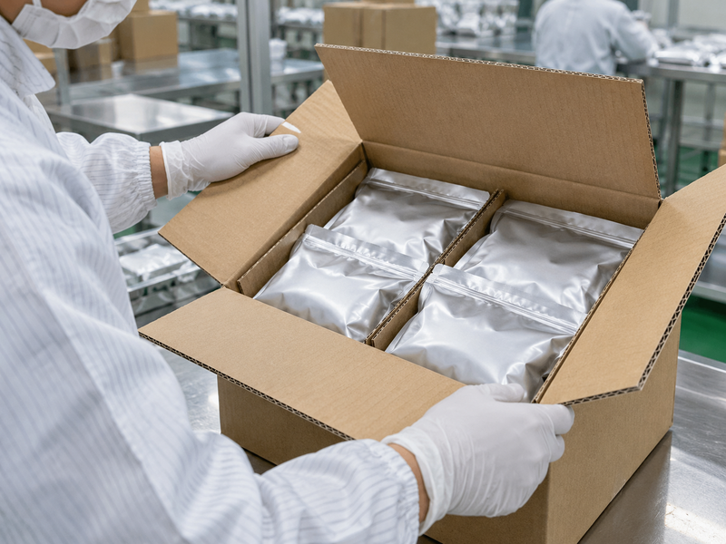 Gloved worker inspecting sealed matcha pouches in a shipping carton