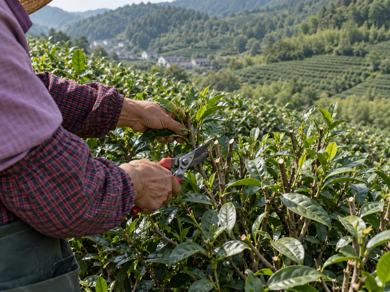 Grower's hands pruning established tea bush stems with shears