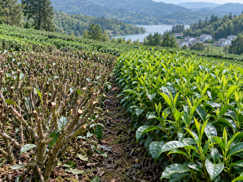 Adjacent tea bushes showing pruned stems and green regrowth