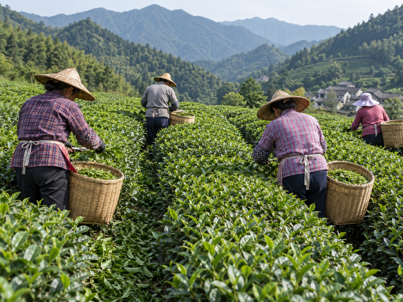 Chinese tea growers maintaining mature garden rows