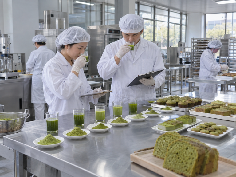 Factory team reviewing matcha green tea powder samples