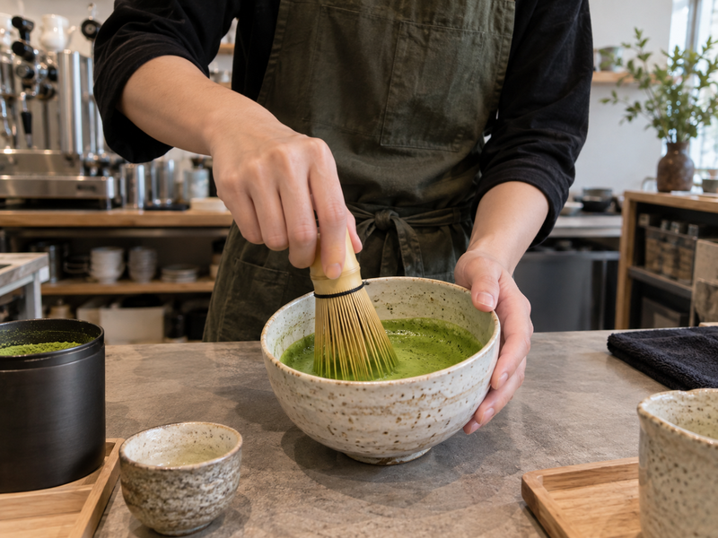 Matcha Bamboo Whisk: Bamboo whisk moving inside a ceramic matcha bowl