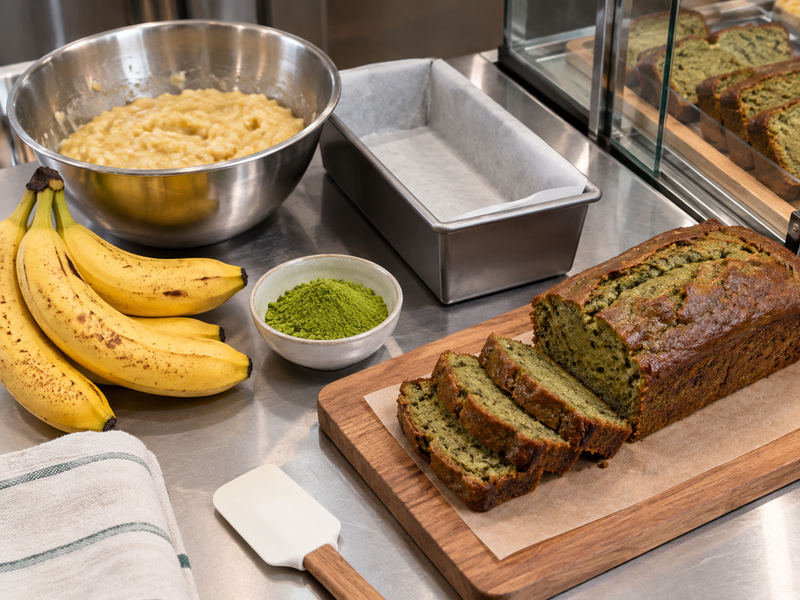 A bakery compares cut matcha banana bread slices against a portion standard