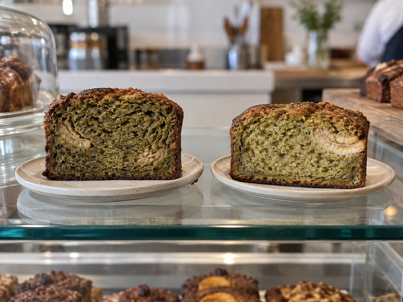 A marbled and a uniform matcha banana loaf are compared side by side