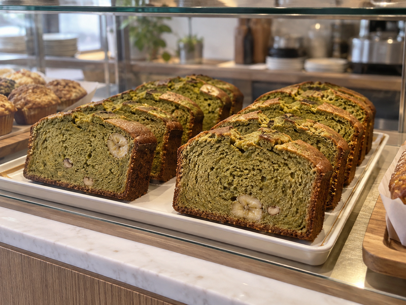 Cooled matcha banana bread is sliced to a measured bakery portion
